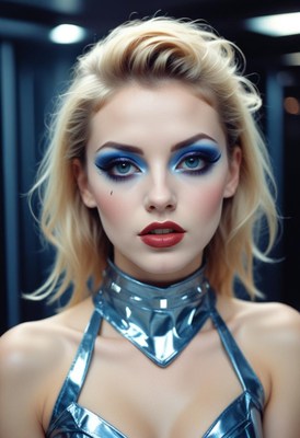 A woman with a silver outfit stares intently into the camera