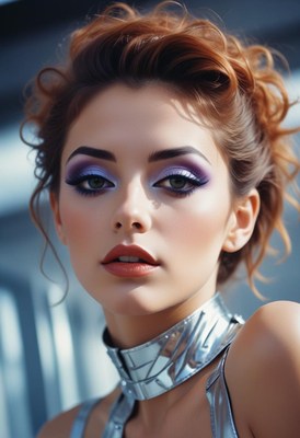 A woman with blue eyeshadow and red hair looks at the camera