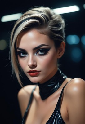 Blonde-haired woman with dark makeup gazes at camera