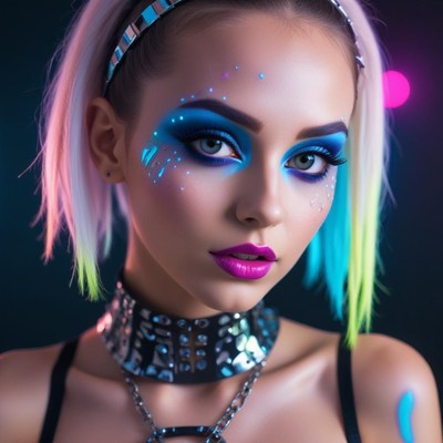 Woman with blue eyeshadow and colorful hair stares