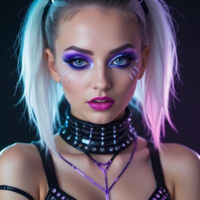 Woman with blue eyes and purple makeup gazes at camera
