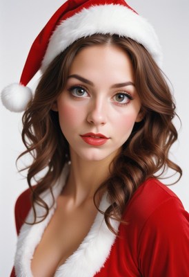 Woman in a santa hat and red dress smiles at camera