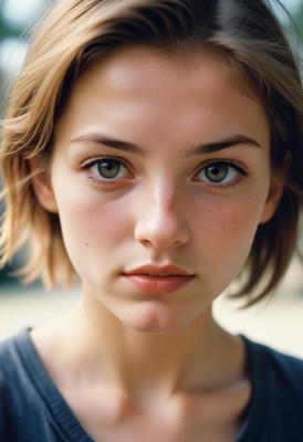 Young woman with short brown hair gazes at camera