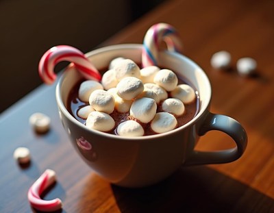 A mug of hot chocolate with marshmallows and candy canes