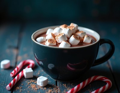 A mug of hot chocolate with marshmallows and candy canes