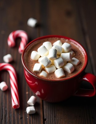 Red mug of hot chocolate with marshmallows
