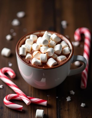 A mug of hot chocolate with marshmallows and candy canes