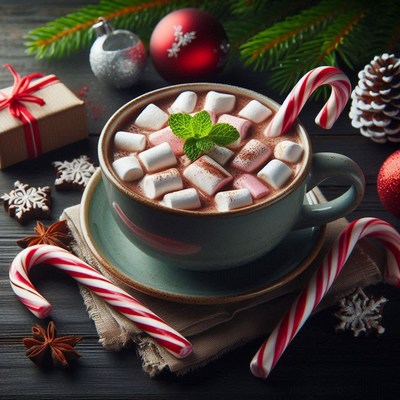 Hot chocolate with marshmallows and a candy cane