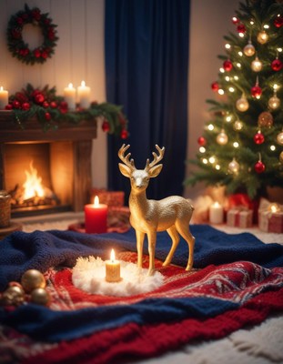 Golden reindeer by a candle on a cozy blanket