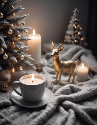 A cozy christmas scene with candles and a reindeer
