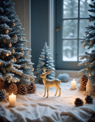 A golden deer stands in the snow next to christmas trees