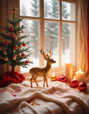 A small tree by the window with candles and a deer