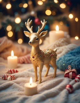A golden reindeer figurine sits on a blanket with candles