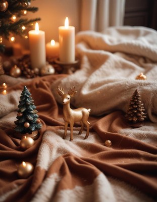 A golden deer figurine sits on a brown blanket