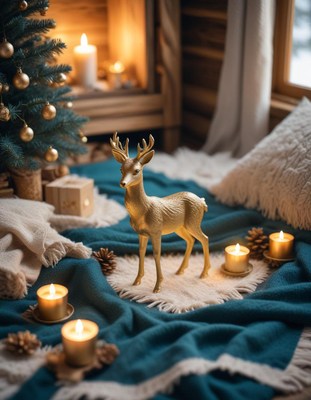 Golden deer figurine on a blue blanket with candles