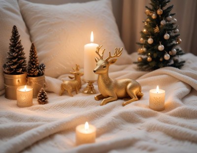 Golden deer and lit candles create a festive mood