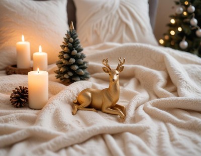 A gold reindeer figurine rests on a white, fluffy blanket