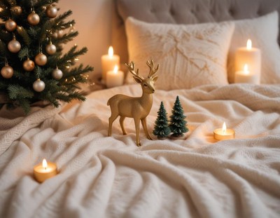 Golden deer and candles adorn a holiday bed