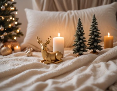 Golden deer on a white blanket with trees and candles