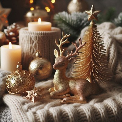 A golden deer and tree ornament rest on a knitted blanket