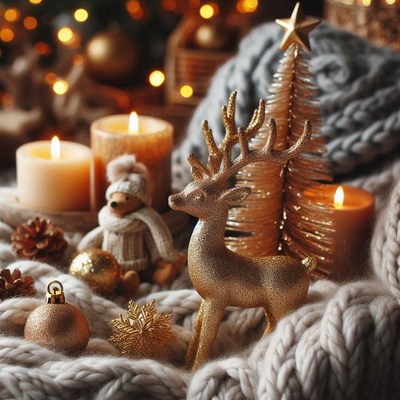 Golden reindeer figurine on a white blanket