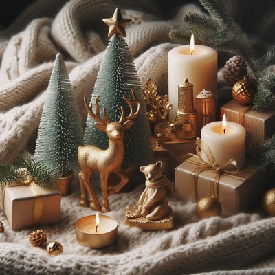 Golden deer and small trees decorate a cozy winter scene
