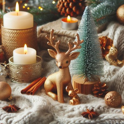 A golden reindeer figurine sits next to a small pine tree