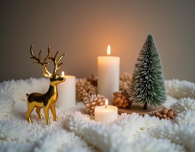 Golden reindeer by candles and a pine tree