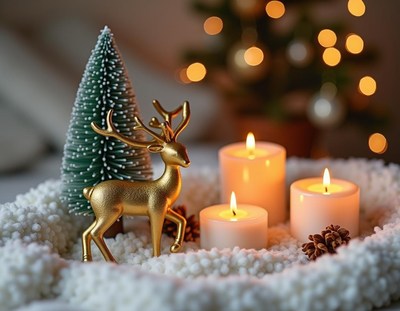 Gold reindeer by a small tree with candles