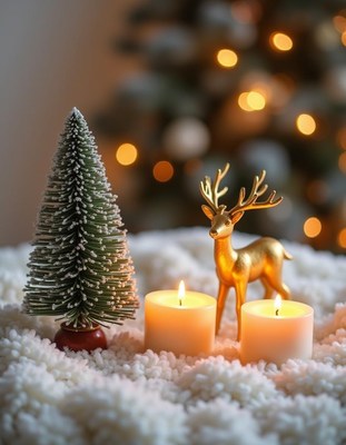 A tiny tree and golden reindeer by lit candles