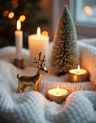 A golden deer sits near candles and a small christmas tree