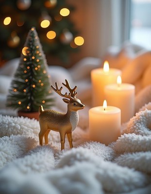 Golden reindeer figurine on a cozy white blanket