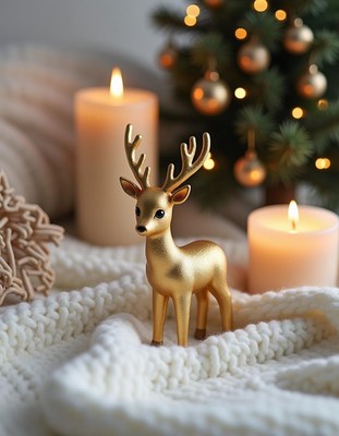 A gold reindeer sits on a white blanket next to lit candles
