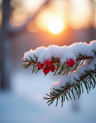 A snowy branch with red berries at sunset