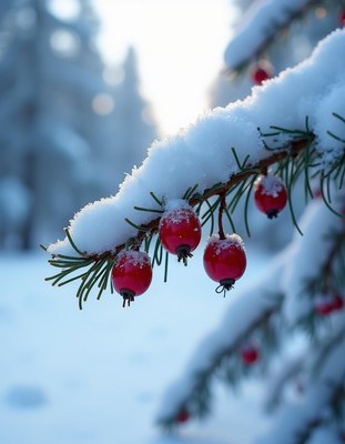 Red berries on a snow-covered branch