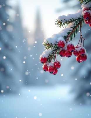 Red berries dangle from a snowy forest branch