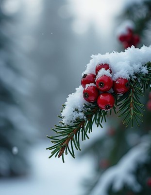 Red berries covered in snow on a pine branch