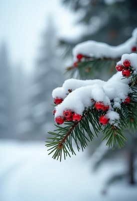 A pine branch covered in snow with red berries