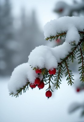 Red berries peek out from under the snow on a winter day