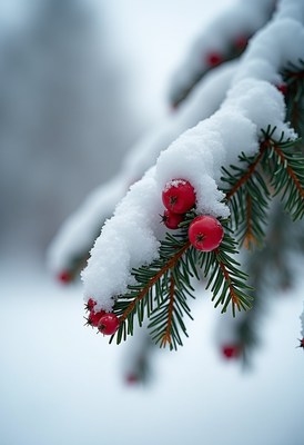 Red berries peek out from under the snow on a pine branch
