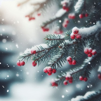 A snowy evergreen branch with red berries