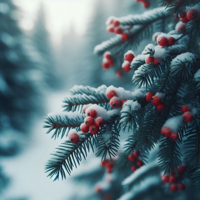 Red berries on a snowy evergreen branch