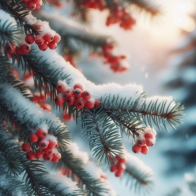 Red berries on a snow-covered pine branch