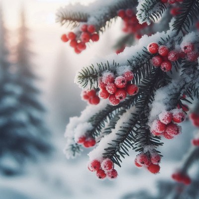 Red berries on a snow-covered evergreen branch