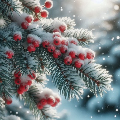 Red berries on a snow-covered pine branch