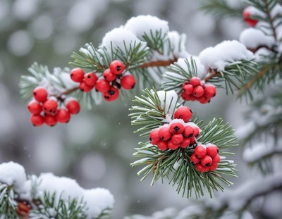Red berries on a snow-covered branch in winter