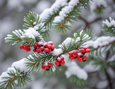 Red berries on a snowy evergreen branch