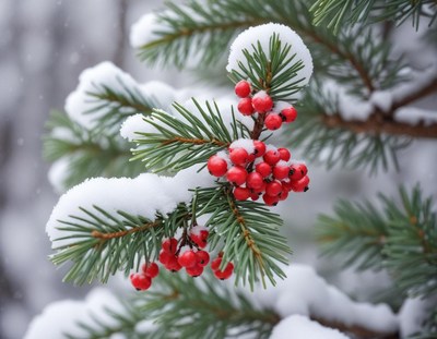 Red berries on a snowy pine branch