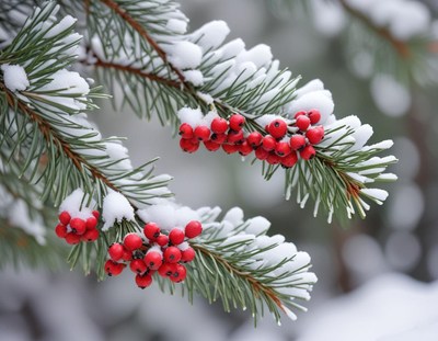 Red berries on a snowy pine branch
