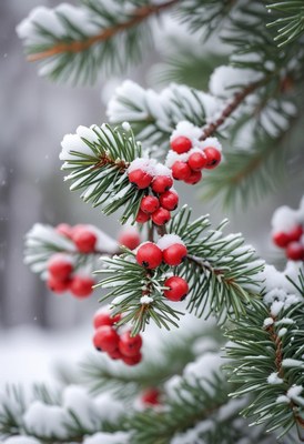 Red berries on a snowy evergreen branch